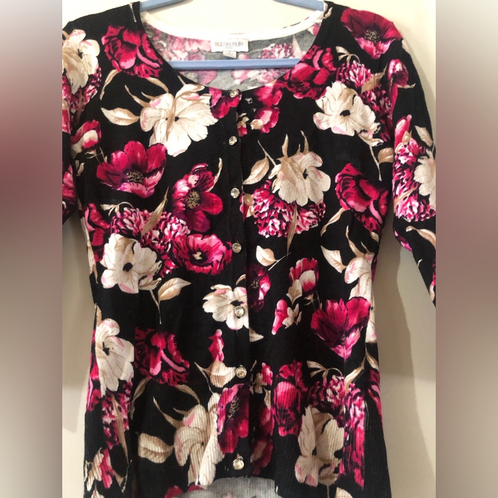 Queens park pink/black  floral warm pull over top spring light fitted cardigan - Picture 7 of 9